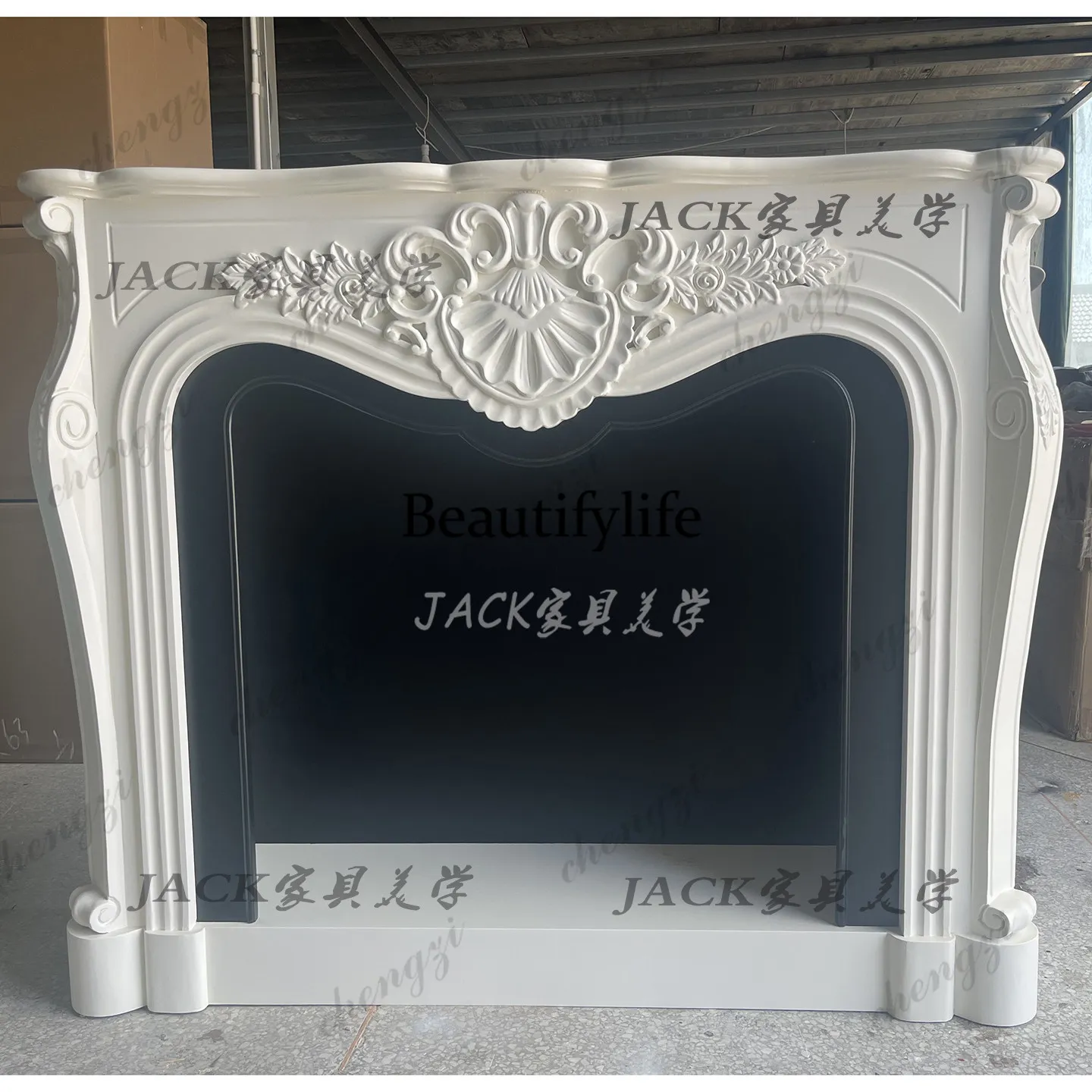 French retro solid wood carving flower fireplace villa light luxury home against the wall