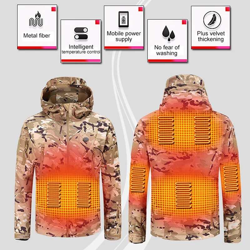 New Winter  Men Women USB Smart Heated Jackets Hooded Heat Hunting Ski Suit Hiking Vests Thermal Clothes Electric Heating Jacket