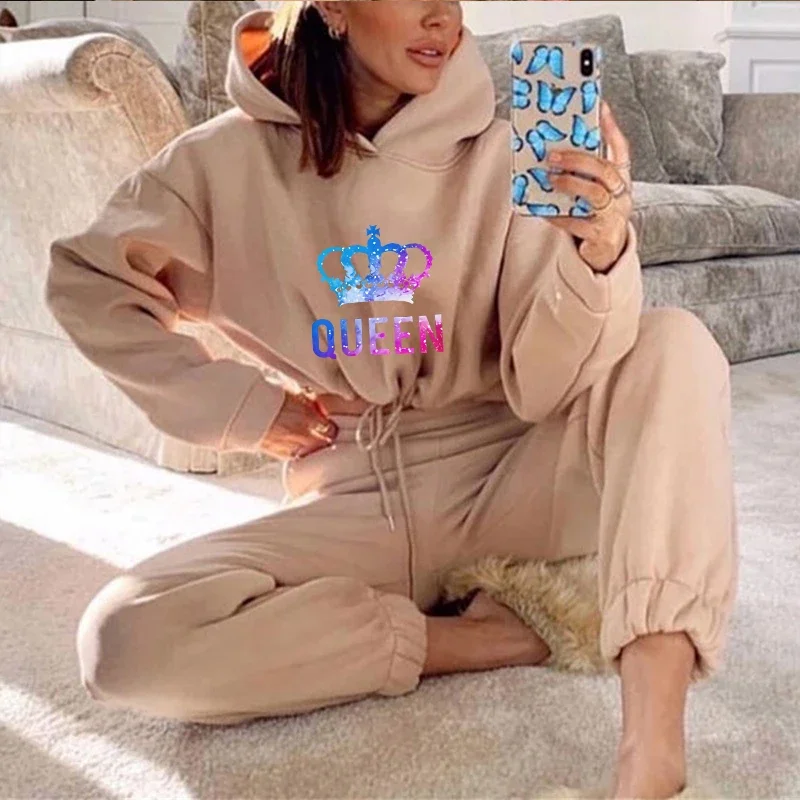 Women 2 Pieces Suit Hooded Queen Print Pullover Tracksuit Set Drawstring Short Sweatshirts Casual Sweatpants Jogging Clothing