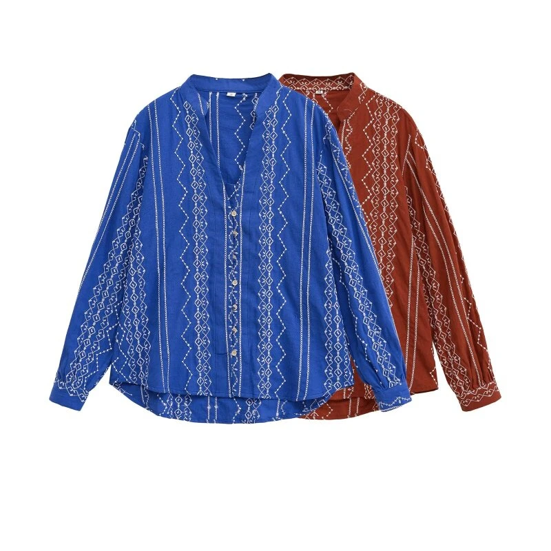 

Embroidered Knitted Shirt French Fashion Autumn Spring Tops Women Loose V-neck Lady Office Shirt Streetwear