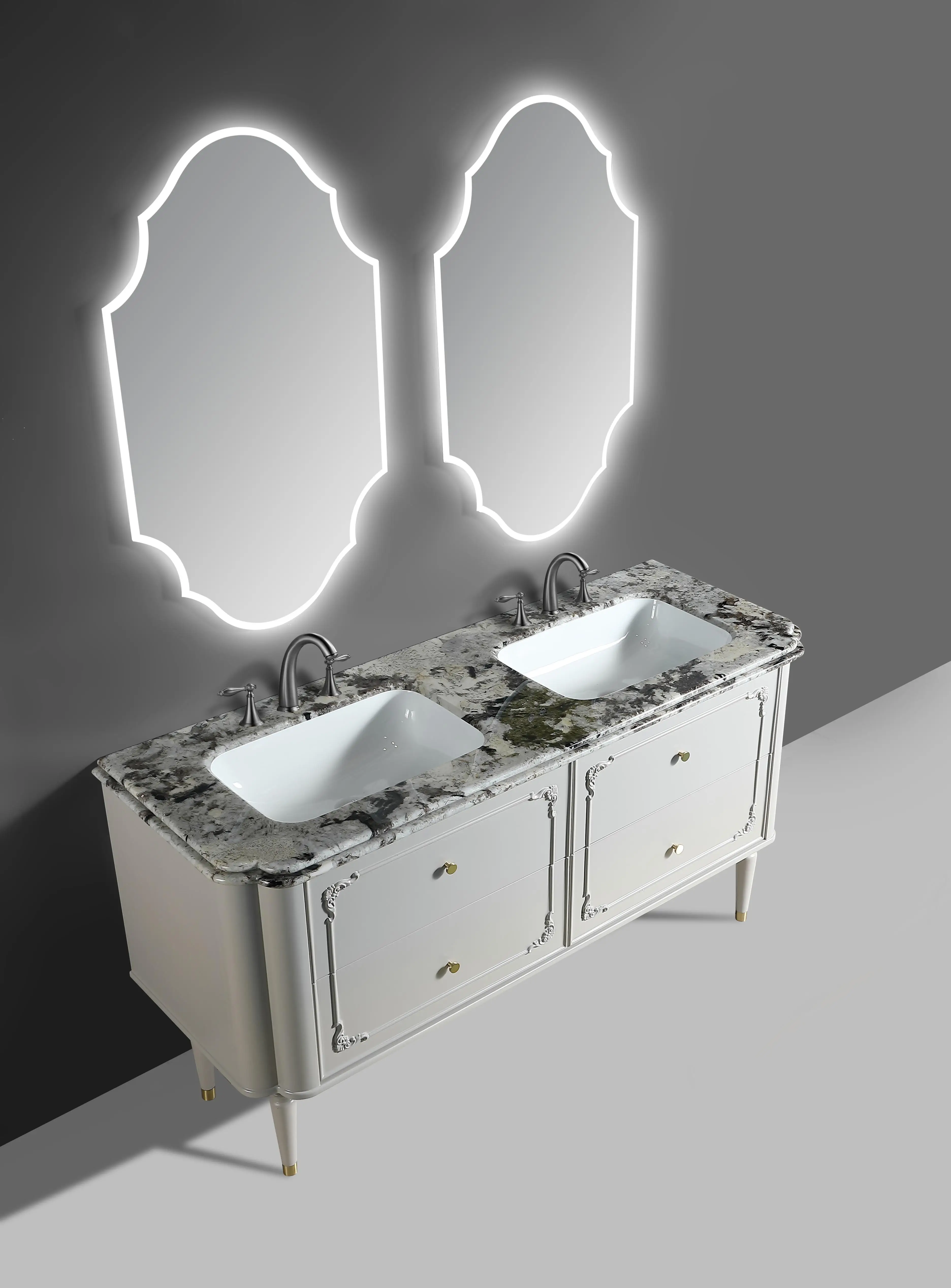 Modern style solid wood engraved surface painted waterproof function floor mounted vanity marble countertop
