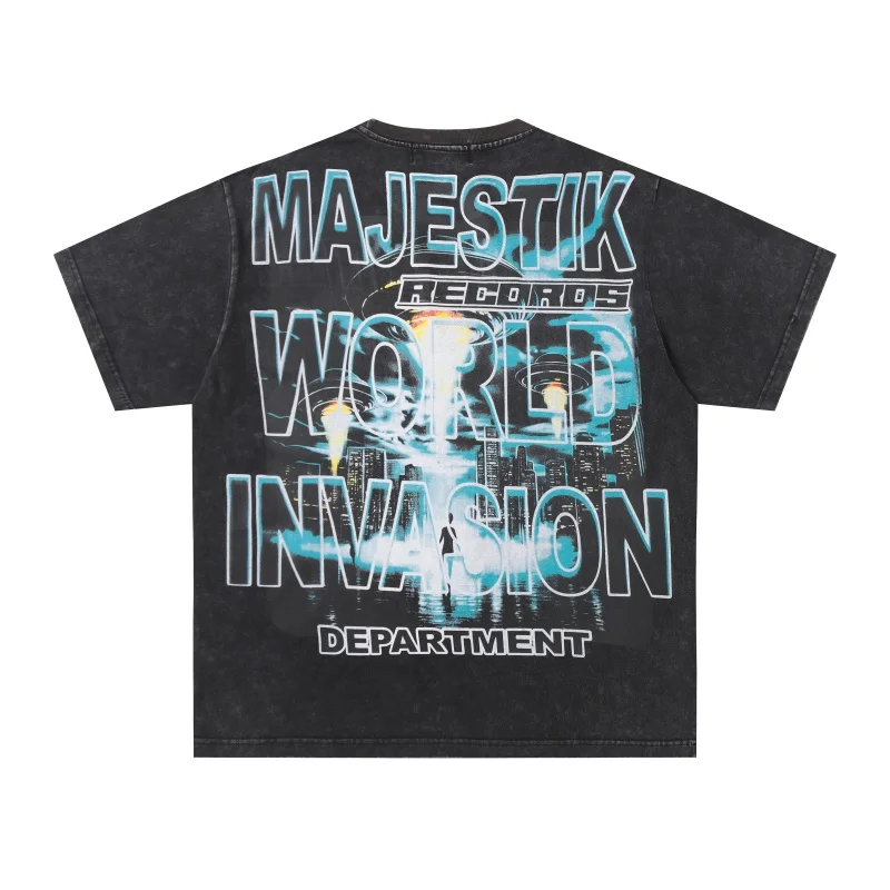 MAJESTIK UFO Flying Saucer Space Print T-Shirt - High Quality High Street Summer Washed Crew Neck Short-Sleeve T-Shirt