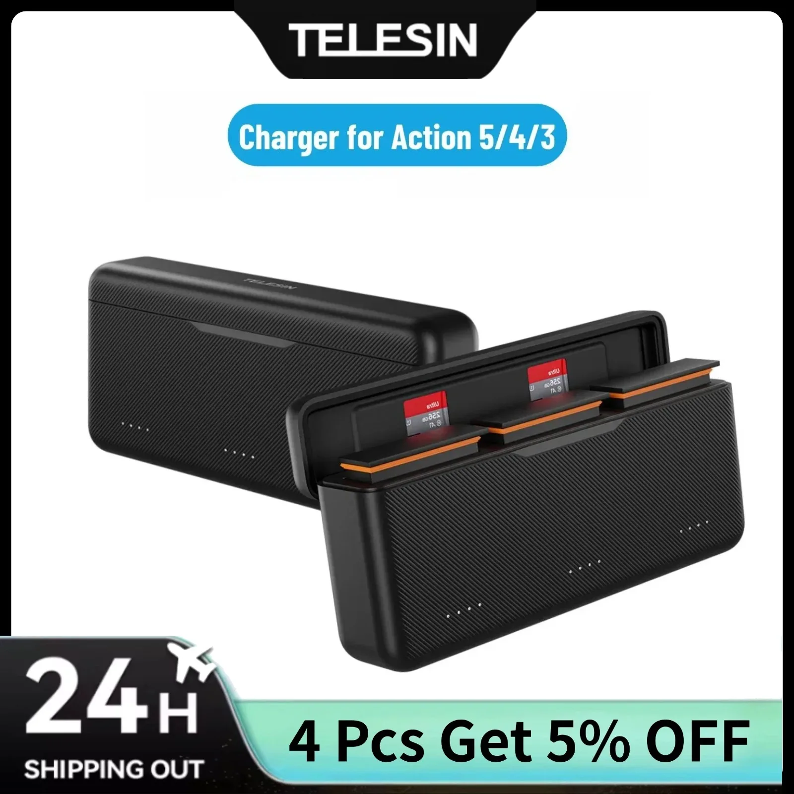 

TELESIN Fast Charging Box Charger for DJI OSMO Action 5 Pro 4 3 Accessories Type-C Fast Battery Charger with TF Cards Storage
