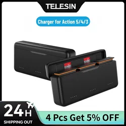 TELESIN Fast Charging Box Charger for DJI OSMO Action 5Pro 4 3 360 Accessories Type-C Fast Battery Charger with TF Cards Storage