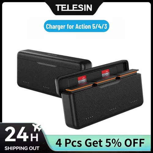 TELESIN-cargador de caja de carga rápida para DJI OSMO Action 5 Pro 4 3, accesorios, cargador de batería rápido tipo C con almacenamiento de tarjetas TF