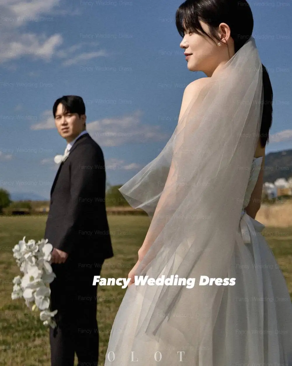 Abito da sposa semplice in raso e tulle fantasia Corea Garden Photography Abiti da sera senza maniche con linea A con scialle personalizzato