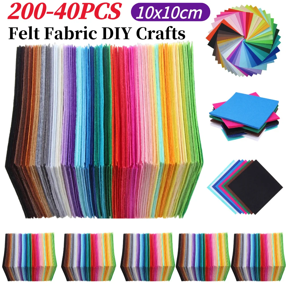 200–40 Stück Filzstoff-Nähzubehör, 10 x 10 cm, Vliesstoff, verschiedene Farben, Filzbögen, Patchwork, weich, für Kinder, für Puppen