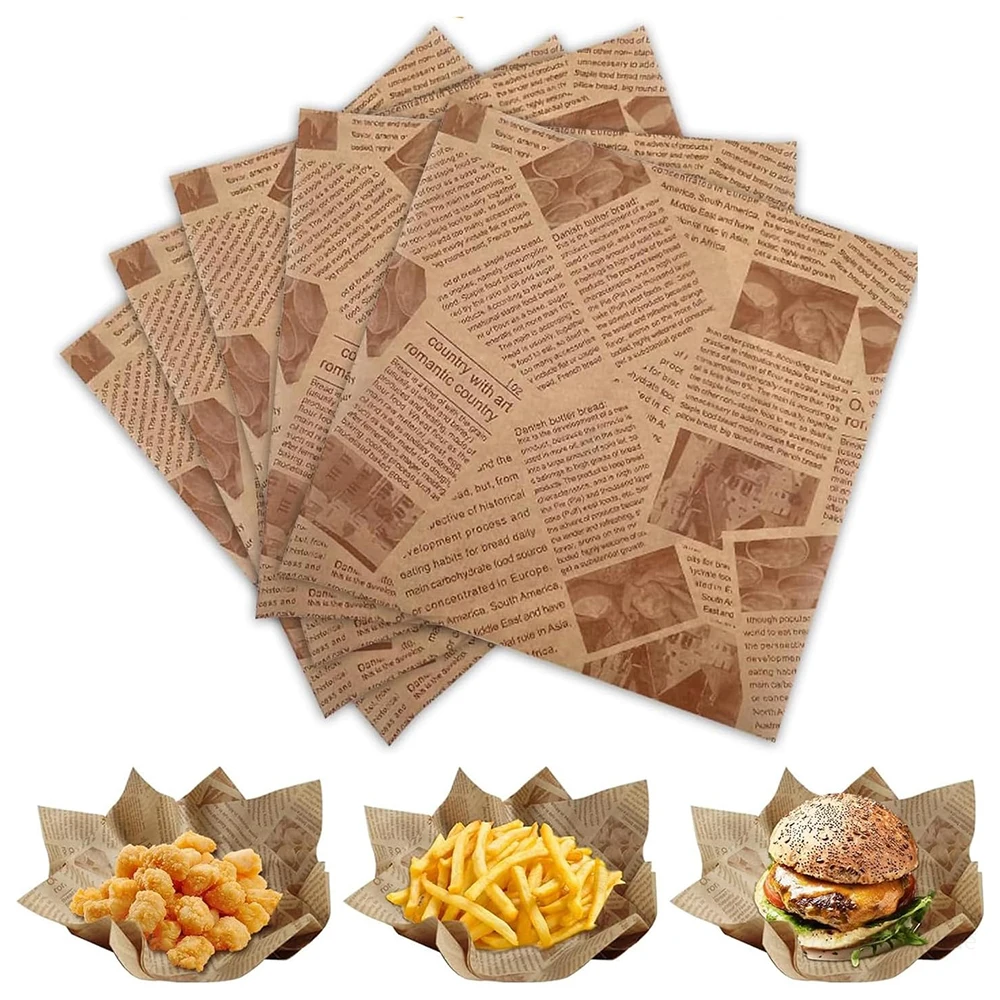 50Pcs Deli Wax Paper Sheets for Food Basket Liner Old Newspaper Style Printed Greaseproof Deli Paper for Wrapping Bread Burgers