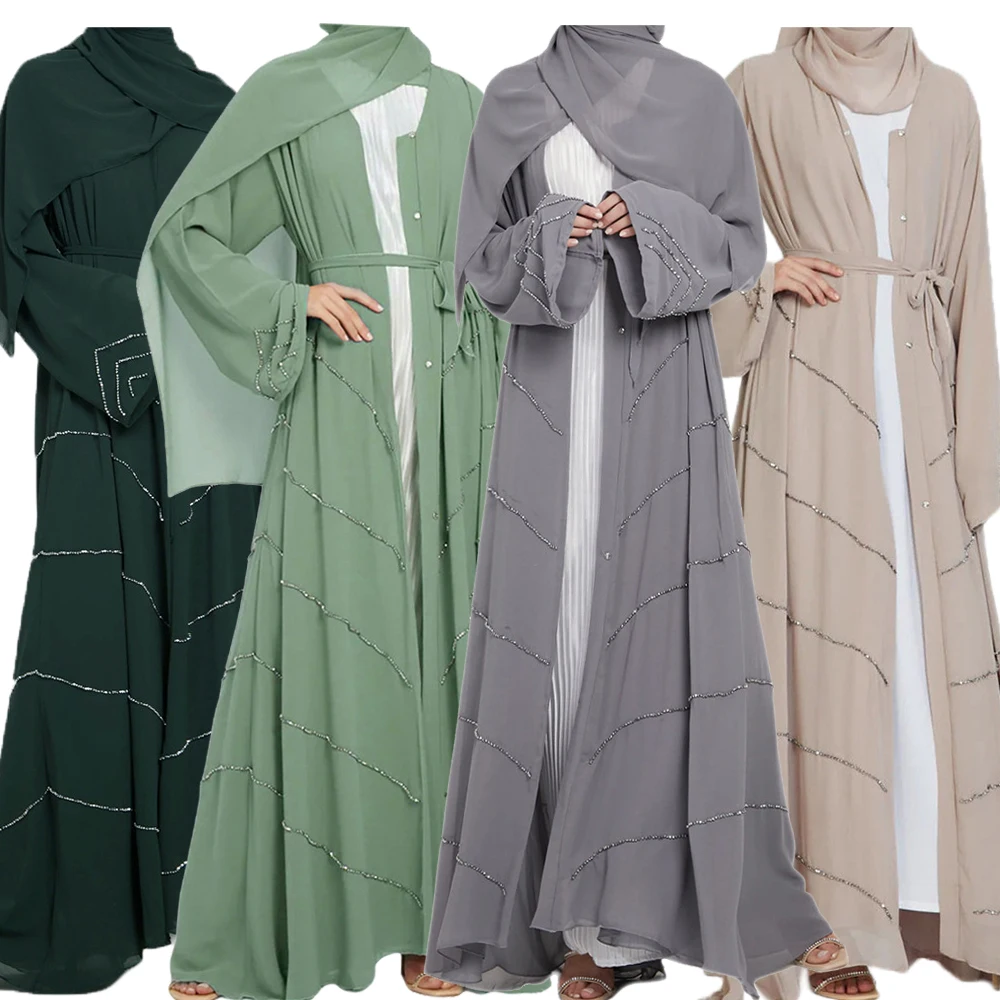 

Dubai Women Muslim Beadding Open Abaya Cardigan Kimono Maxi Dress Islam Kaftan Arab Robe Turkey Femme Jalabiya Eid Party Caftan