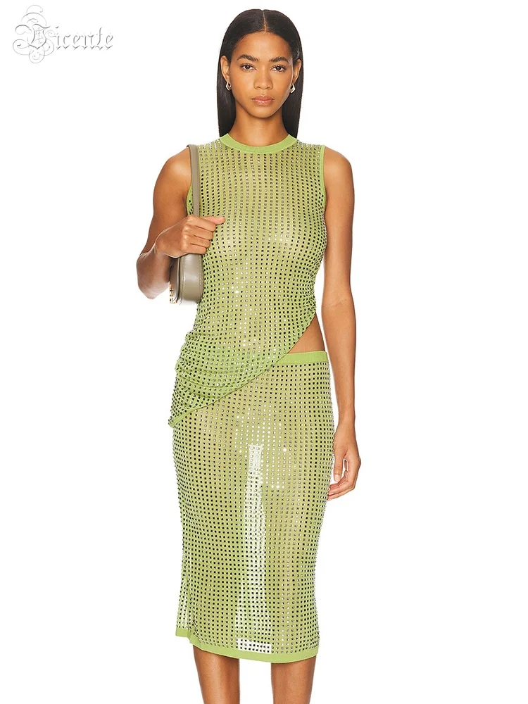 

VC Stylish Lime Green Two-piece Set Sleeveless Top + Mesh Midi Skirt Chic 2 Piece Outfit for Parties 2025 Autumn New Dresses