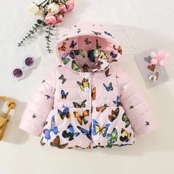 Baby Girl Butterfly All Over Printed Hooded Long Sleeve Children'S Cotton Coat Winter Thick Coat