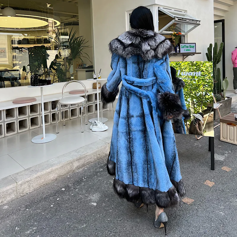 2023Women Real Rex Rabbit Fur Coats With Fox Lapel Collar Natural Whole Skin Genuine Fur Long Jackets Overcoat Winter