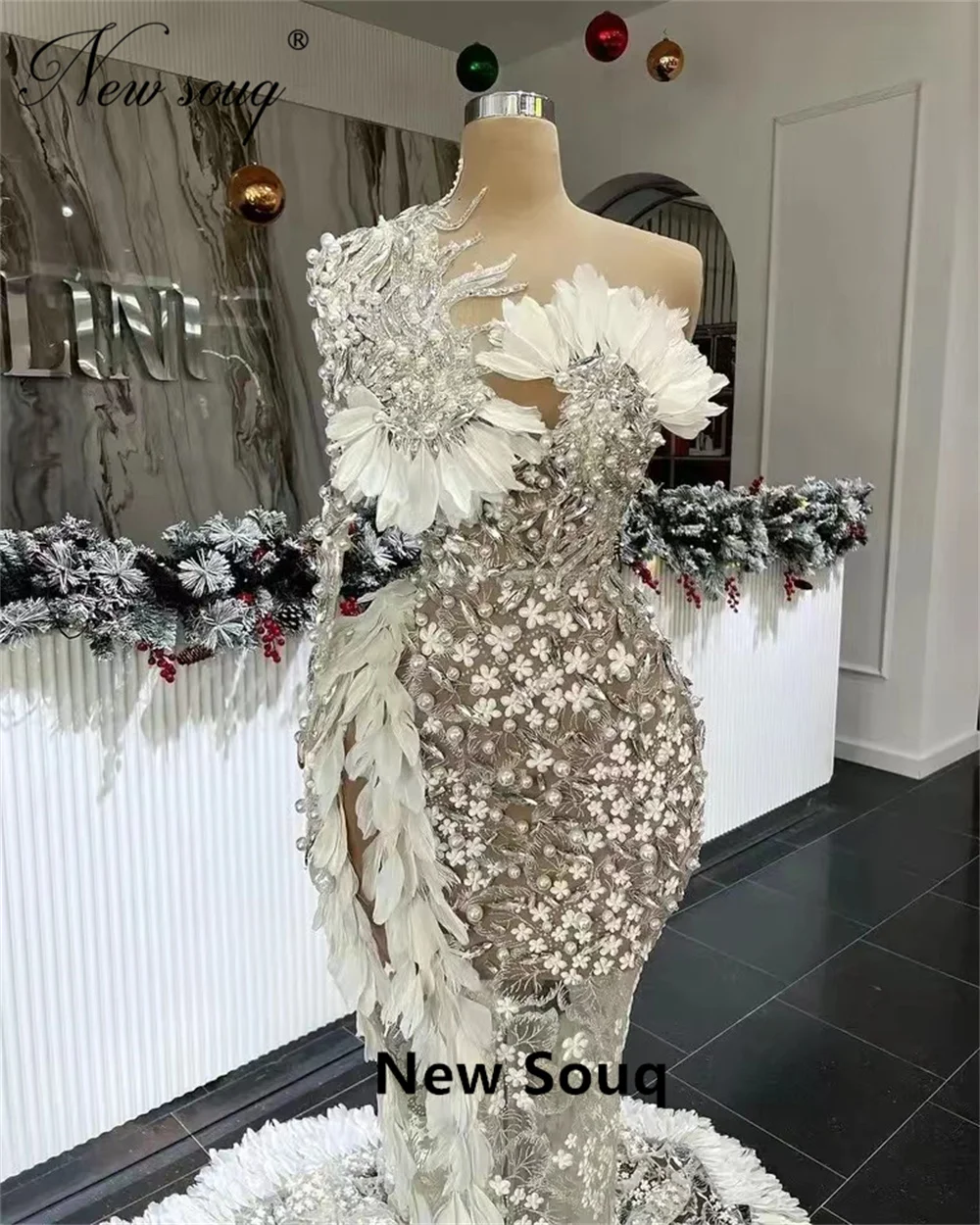 Dubai Design Mermaid abiti da sera perline piume lunghe celebrità abiti donna vestito da festa per matrimoni Vestidos De Noche