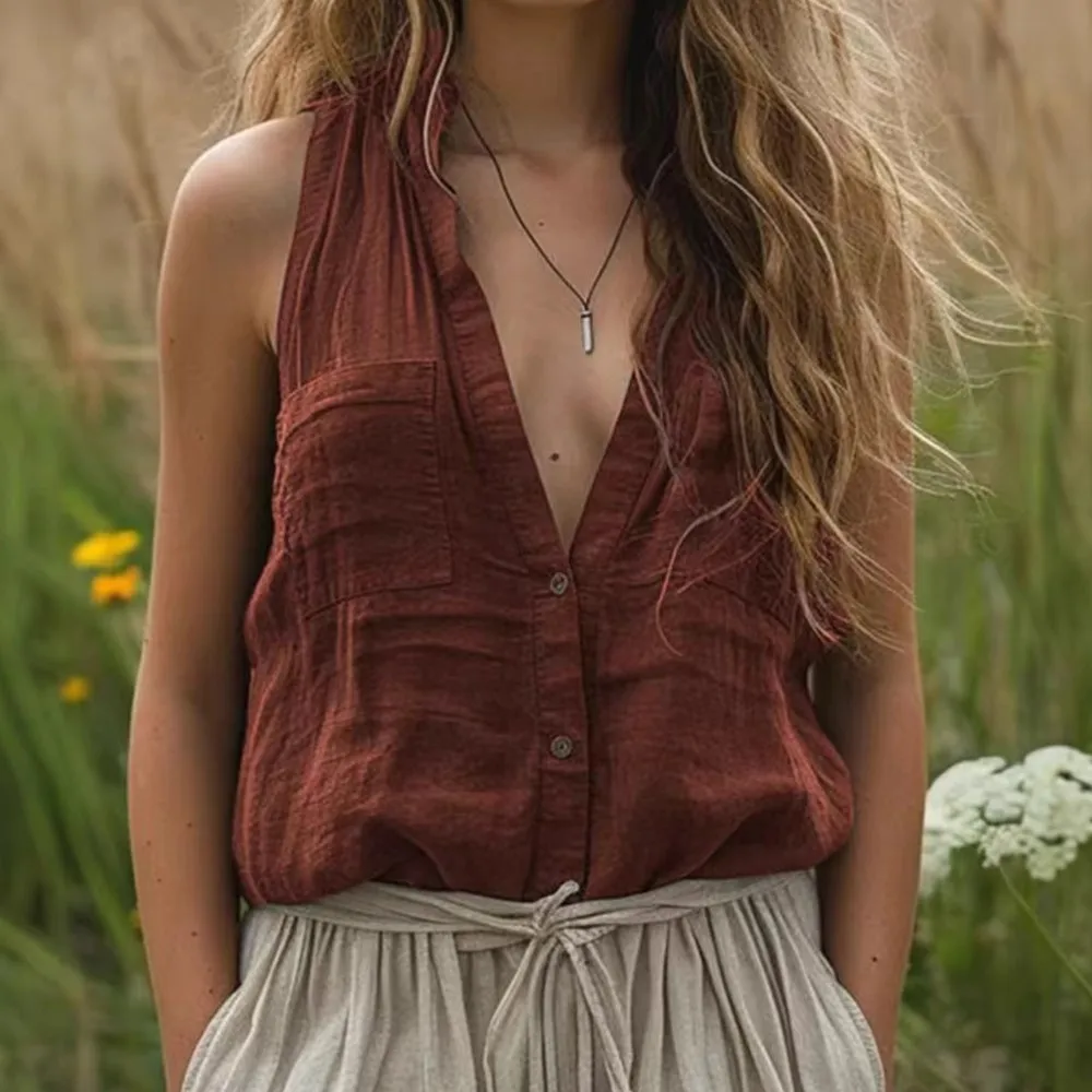

Spring Women's Casual Loose Fashion Sleeveless Cotton Linen Solid Color V-neck Pocket Single-breasted Vest Shirt Blusas De Mujer