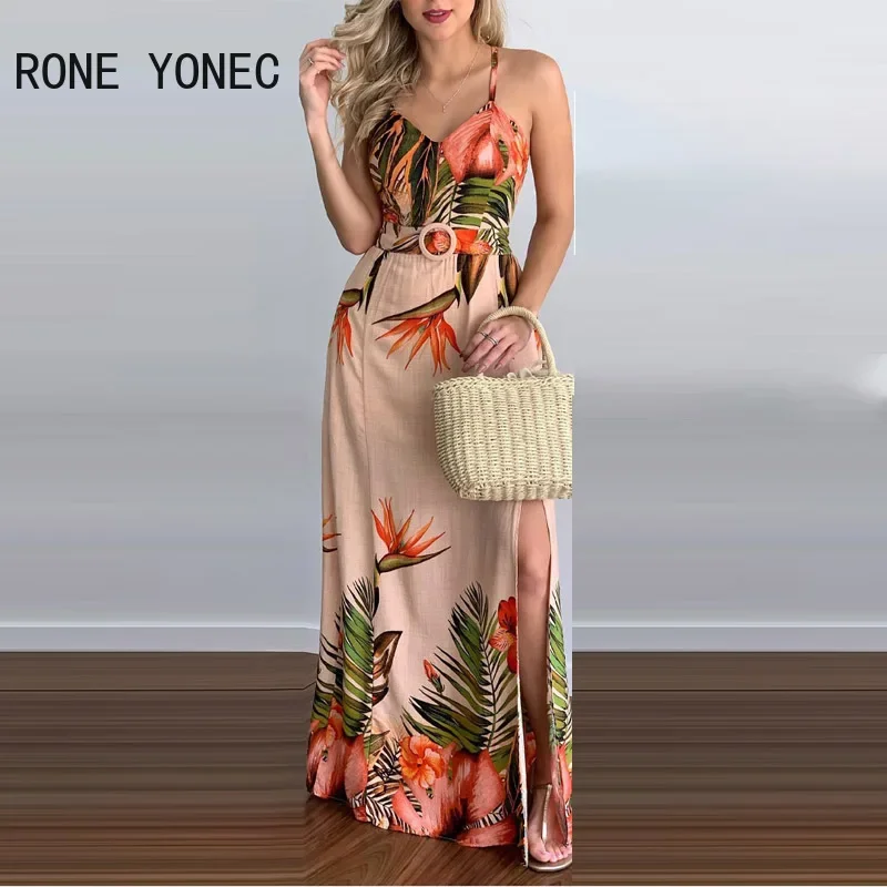 Women Elegant Sexy Spaghetti Straps Criss Cross Folds Maxi High Silt Sexy A-line Vacation Dresses