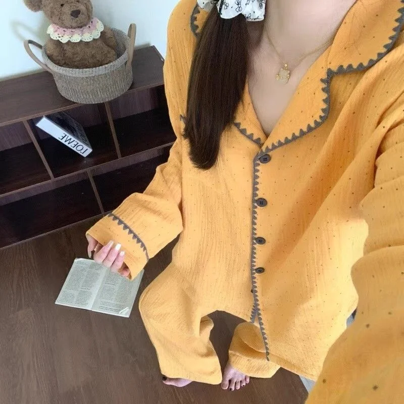 

American style spicy girl lace simple contrasting polka dot pajamas set spring and autumn sweet girls can be worn as outerwear