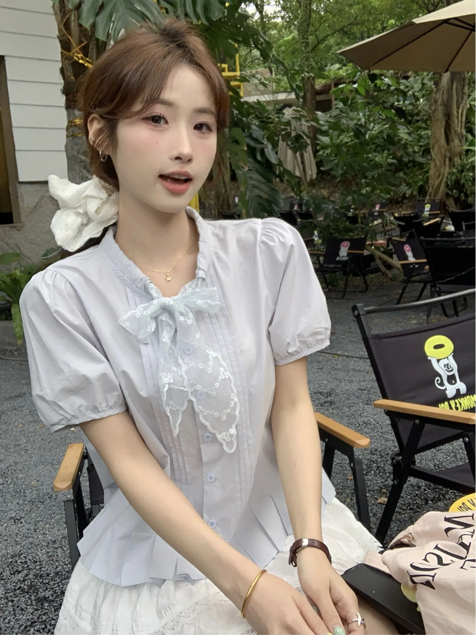 

Женская свободная рубашка в корейском стиле с коротким рукавом, весна 2026, новый дизайн, омолаживающий эффект, повседневный нежный топ на пуговицах с круглым вырезом, однотонная