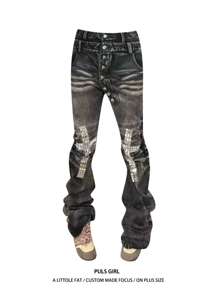 

Retro American Large Size Jeans Women's High Waist Slim Fit Rhinestone Washed out Cross Blade Denim Pants Casual High Waist