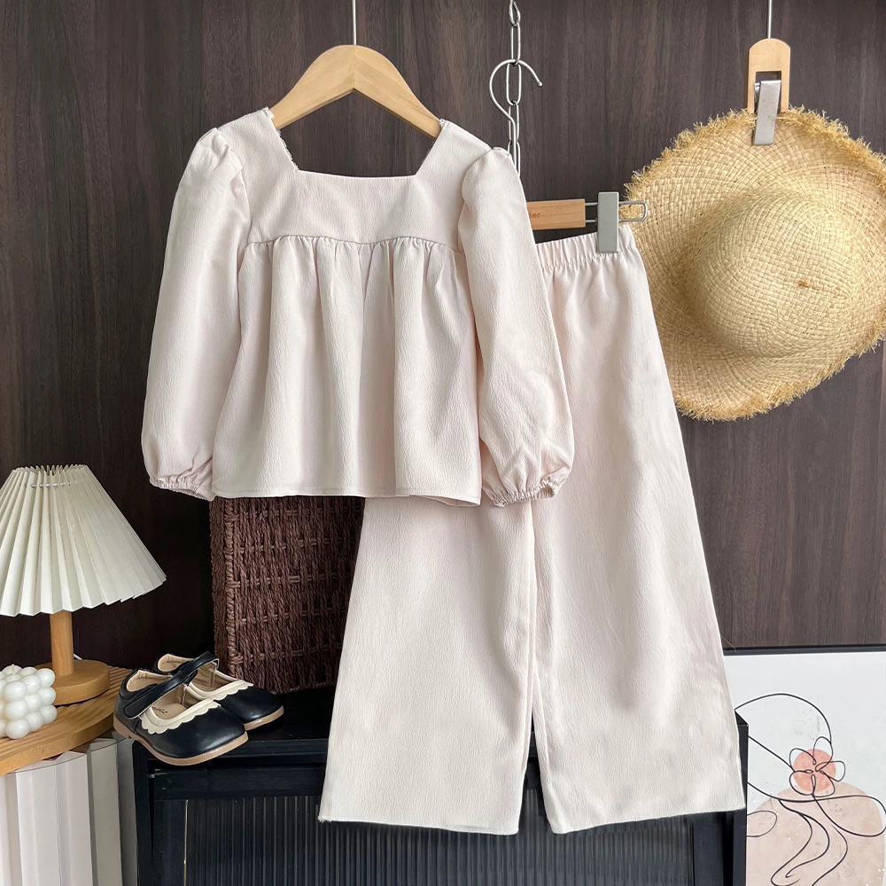 Korean Version Autumn Beige Suit for Girls Aged 3-7 Featuring Sun Embroidery Square Neck Long Sleeved Top and Wide Leg Pants