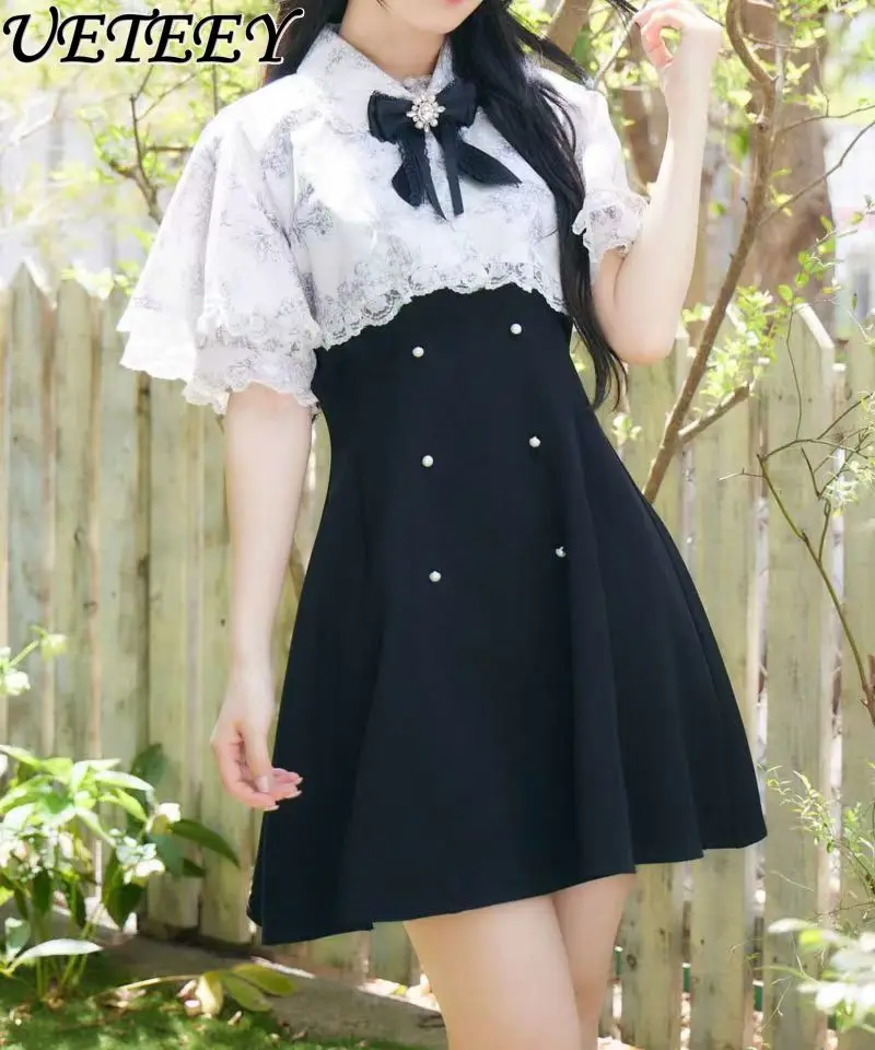 

Japanese Black Dress Women 2024 Summer New Removable Printed Shawl Short Sleeve Midi Dress Mine Mass-Produced Cloak Lolita Dress