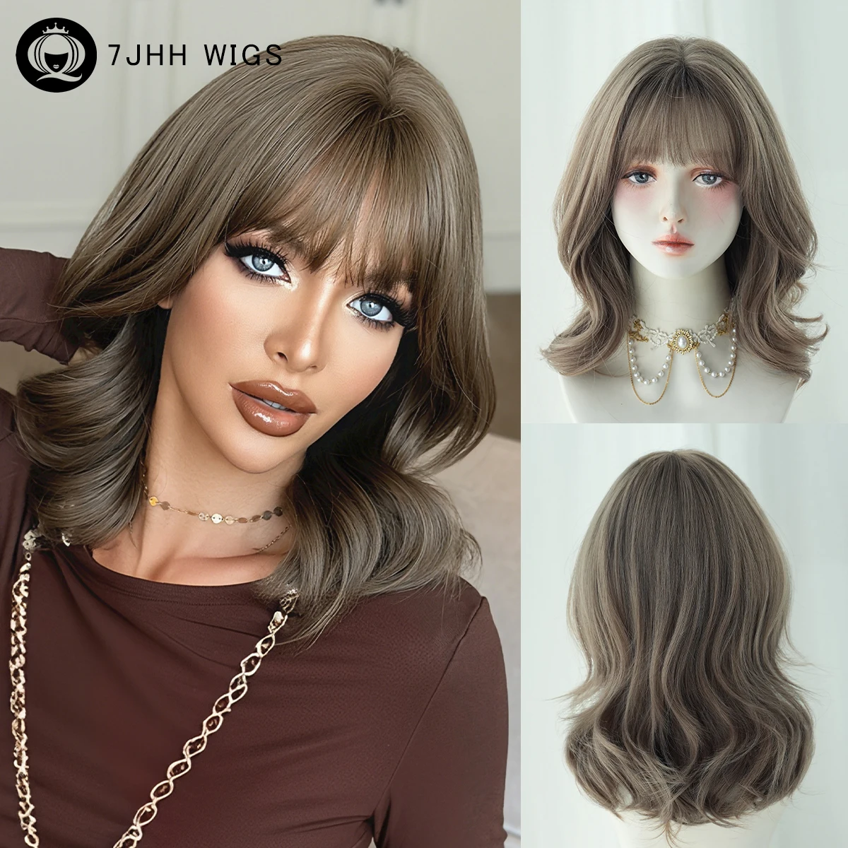 Shoulder Length Body Wavy Wig for Women Daily High Density Synthetic Wave Heat-Resistant Wigs with Neat Bangs Beginner Friendly