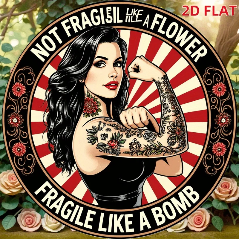 Une plaque en bois plate 2D au design rétro, avec le texte « As fragile as flowers, as explosive as bombs».