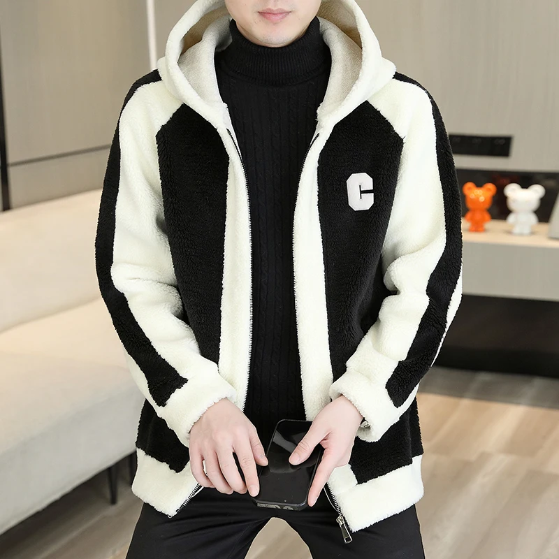 

Winter Men Fleece Jacket Lamb Wool Hooded Coat Mens Thick Warm Coat Loose Streetwear Casual Harajuku Zippered Jacket