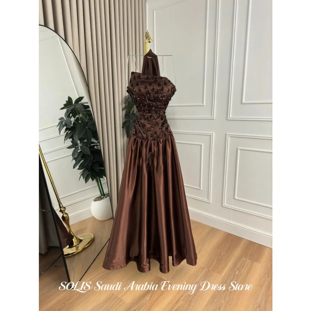 SOLIS Elegant Brown Prom Dress Off The Shoulder Beaded Sequins Satin A-Line Evening Dresses Floor Length Party Gown Customized