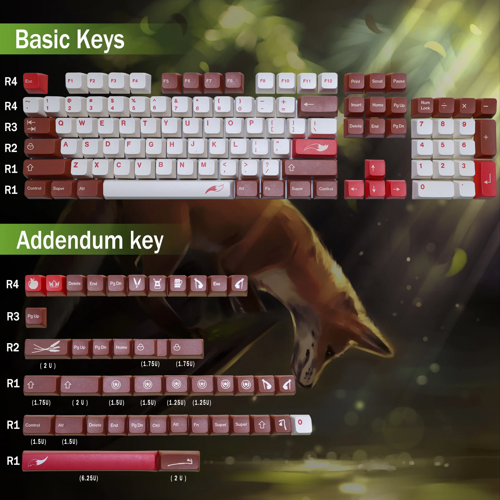 Fox 147 Key Caps PBT MDA Profile For Cherry MX Mechanical Keyboard Double-shot Cute Anime Backlit White Brown DYE-SUB Keycaps