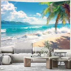Sunny Beach Tapestry Tropical Seaside Island Palm Trees Waves Wall Tapestry for Bedroom Living Room Decor Aesthetics Yoga Mat