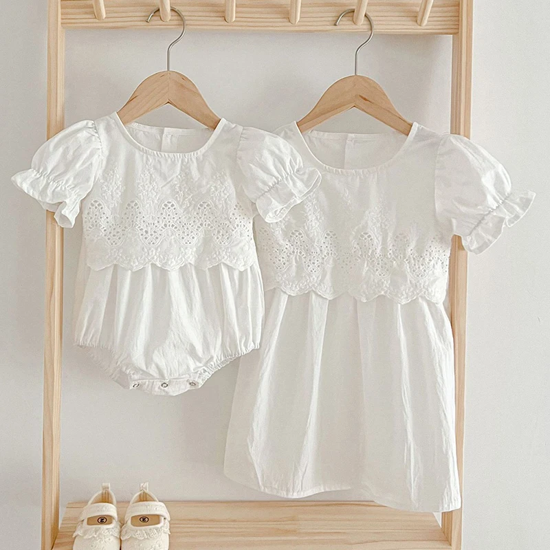 Summer Newborn Baby Girls Sweet Pure Color Jumpsuit Toddler Baby Girls Short Sleeves Kids Princess Dress Girls Sister Clothes
