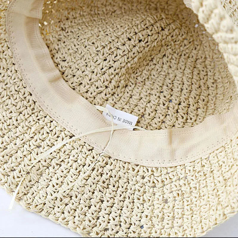 Straw Bucket Hat for Women Sweet Boho Flower Foldable Panama Visors Summer Sunscreen Uv Protection Travel Holiday Beach Sun Caps