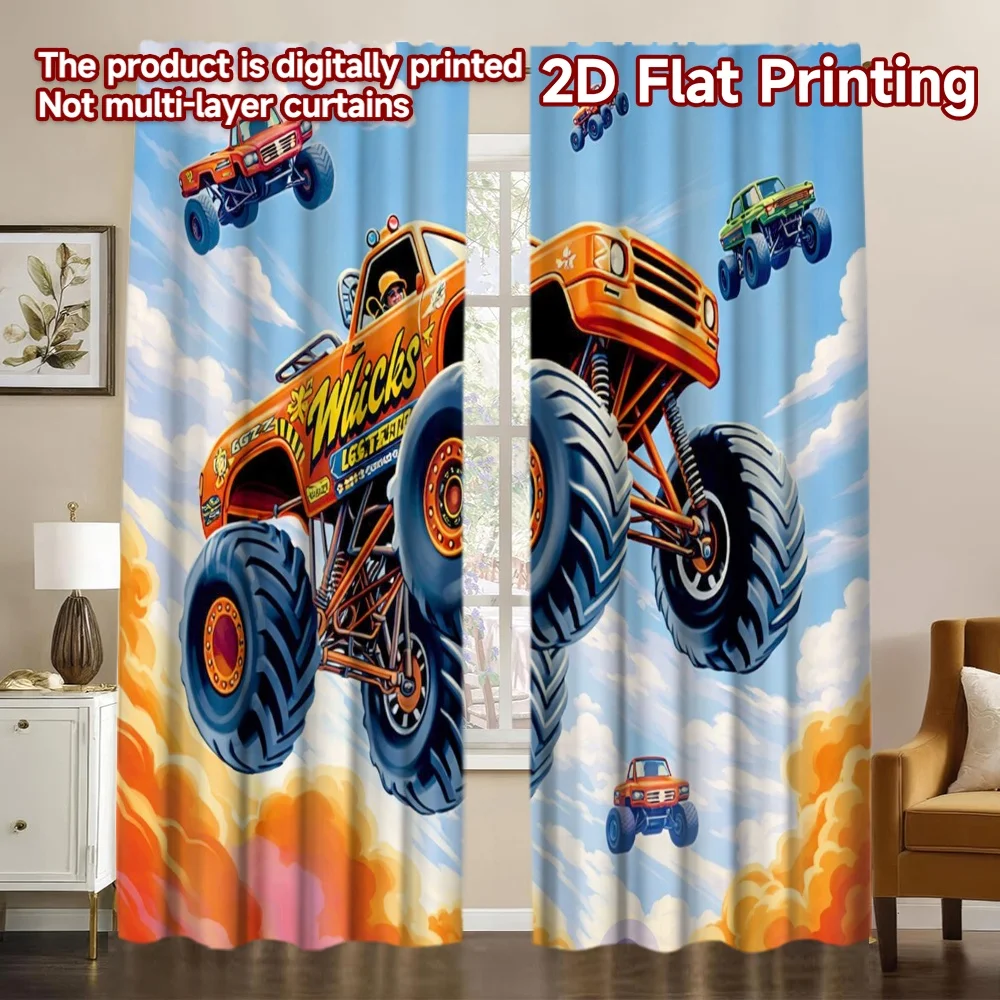 2D FLAT PRINTING 2 Stück Vorhänge (ohne Stange) mit Aufdruck „Flying Monster Trucks“, schicke Vorhänge, vielseitige Polyester-Vorhänge, Valentinstag