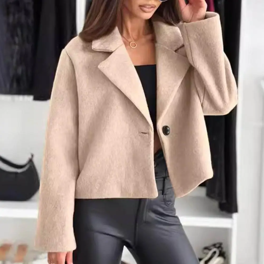 

Commuting Jacket Stylish Women's Woolen Jacket with Turn-down Collar Single Button Closure Short Type for Spring for Commuting