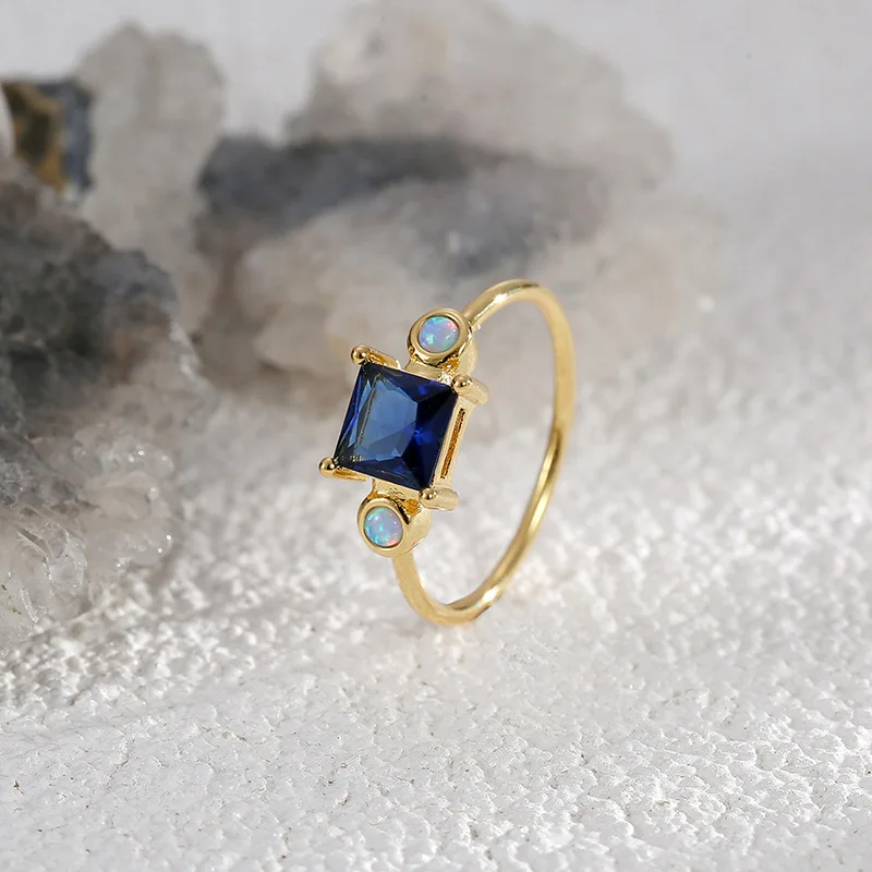 WT-MR046 Wholesale Classic Gold Electroplated Natural Opal And Square Zircon Women Rings As Party Birthday Jewelry Gifts