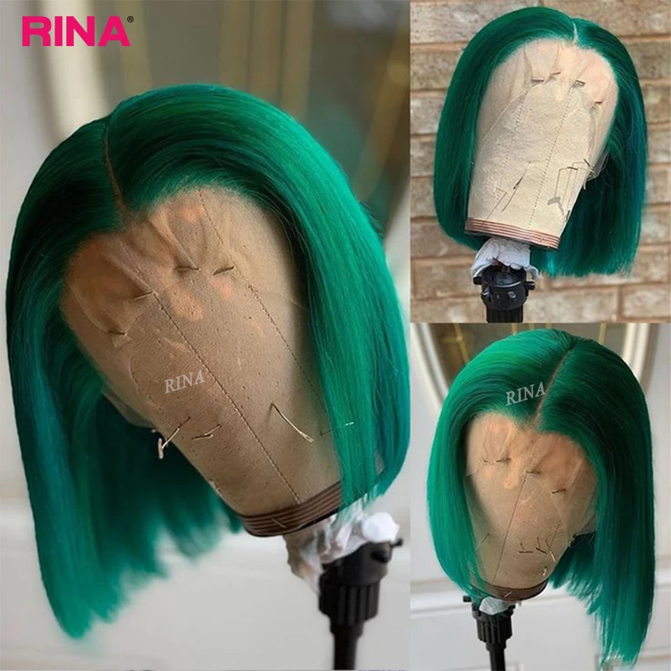 Peluca de cabello humano liso de 13x4, postizo de encaje frontal, corte Bob corto, brasileño, predespuntado, 180 de densidad, Color verde