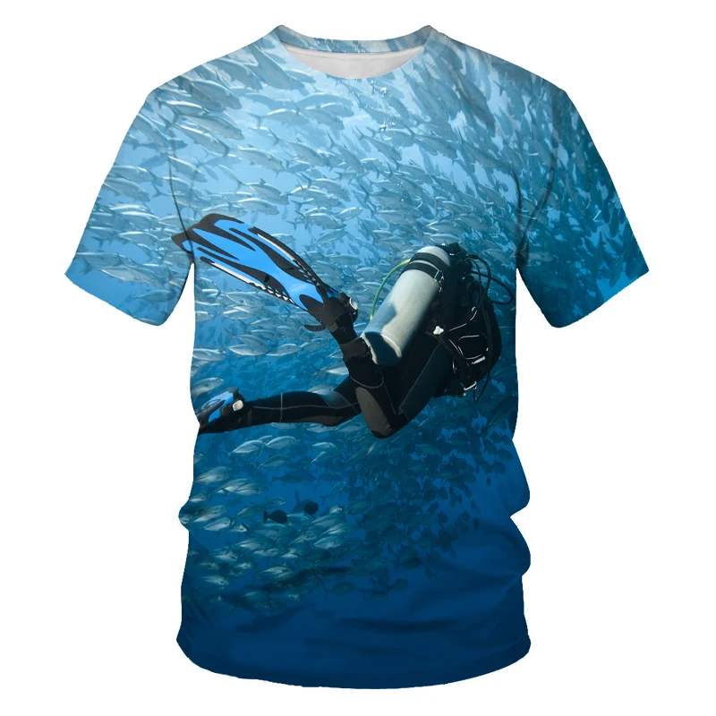 Summer Men\'s Fun Scuba Diving Explore The Underwater 3D Printed Men\'s T-shirt Crew Neck Short Sleeve Loose Top O-Neck T-shirt