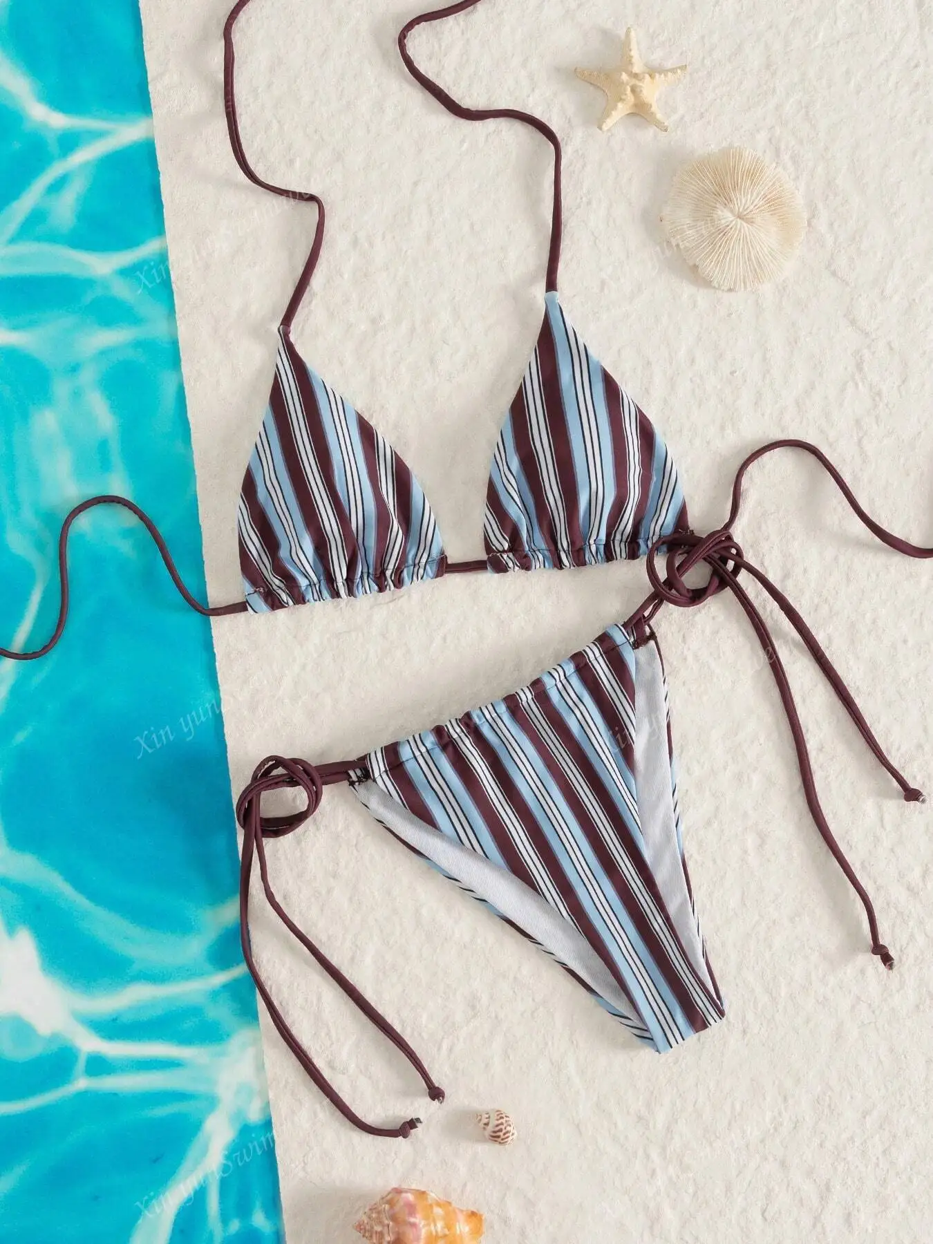 2026 المرأة البحرية مخطط مجموعة البكيني التعادل الجبهة قطعتين ملابس السباحة مثير الصيف مفتوحة الظهر الرسن ملابس سباحة نسائية صغيرة مجموعات ضمادة وتتسابق