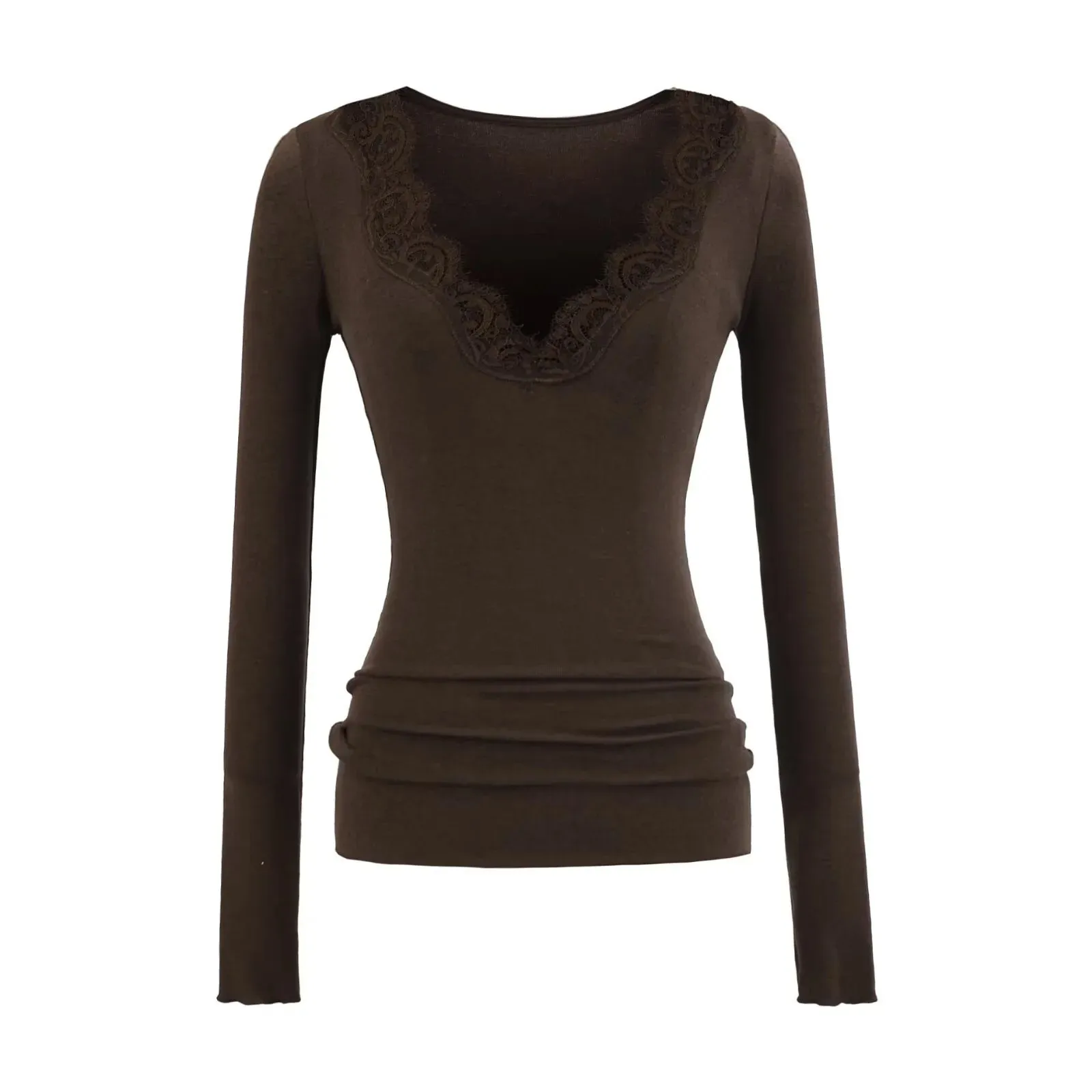 Autumn Winter Thickened Long Sleeve Base Shirt 2025 Deep V Neck Patchwork Lace Trim Sexy Slim Waist Solid Color T-Shirt Top GPN9