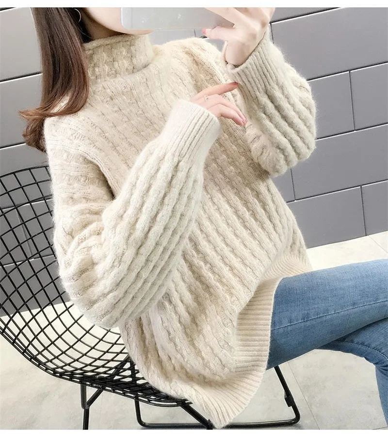 

Velvet/Non Velvet Internet Red High Collar Knitted Sweater Women's Thick Lazy Loose Outerwear Western Style Women