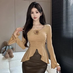 Summer Slim Pleated Flare Sleeve Top Sexy Fashion Style Irregular Solid Color Long-Sleeved Tops Youthful Korean Woman Clothes