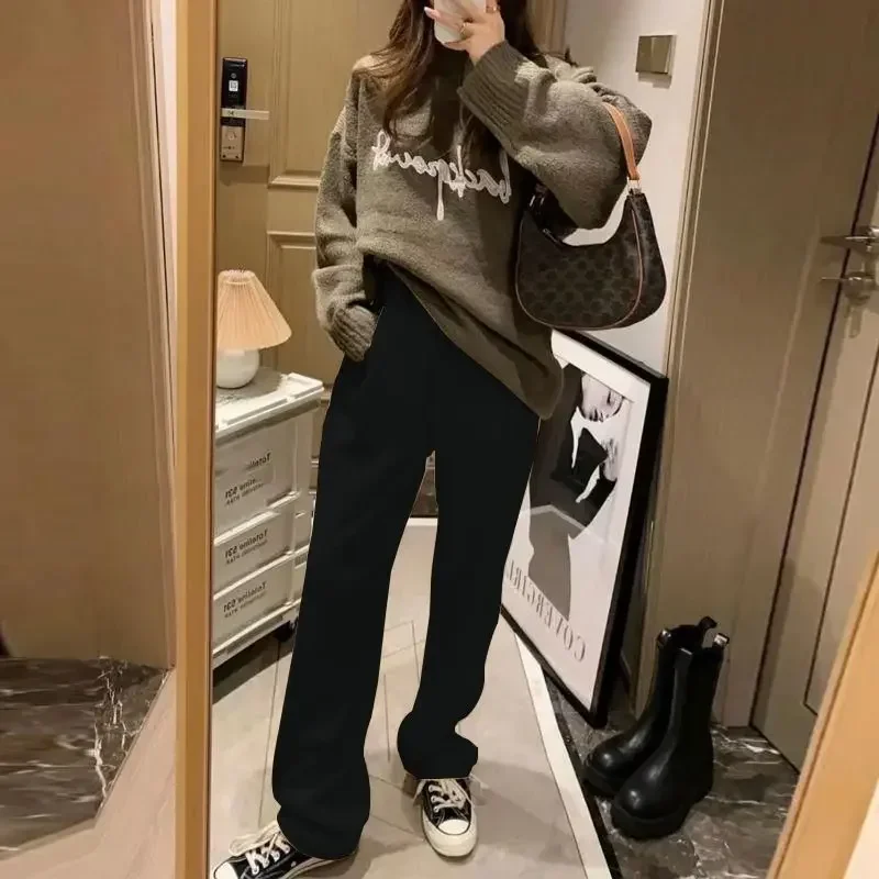 Women Warm Winter Pants Loose Casual Wide Leg Straight Sweatpant Fleece Autumn High Waist Warm Thickened Plush Trousers Y2k