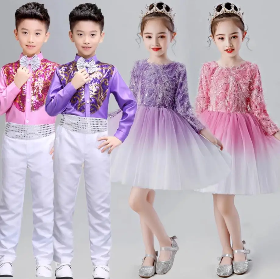 Modern Dance Dress For Girls Boys Long Sleeved Salsa Waltz Dance Costume Child Kids Chorus Dance Wear Childrens Party Dresses