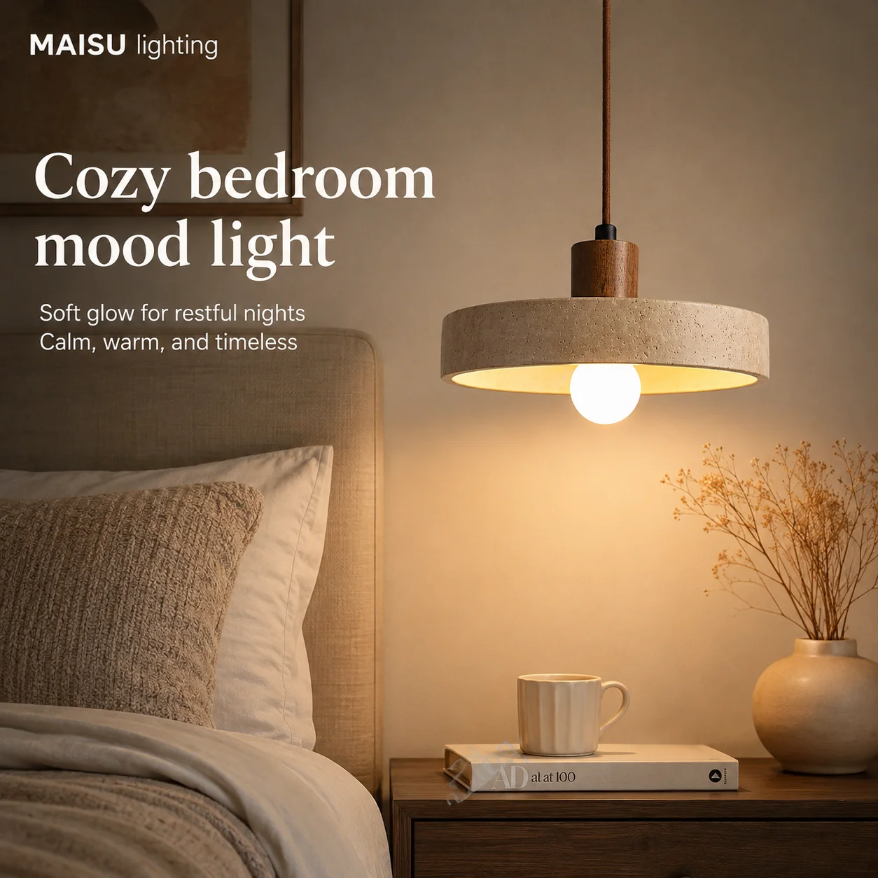 MAISU Yellow Travertine Pendant Light Japanese Cave Stone for Kitchen Island Restaurant Bedroom Bedside Home Decor