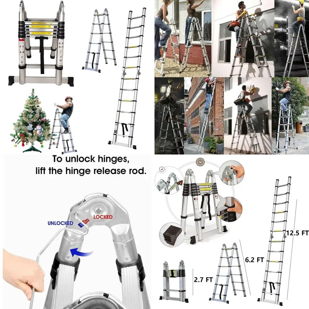 سلم ألومنيوم متعدد الأغراض بطول 12.5 قدم مع قضيب تثبيت، سعة 330 رطل، شديد التحمل للاستخدامات المختلفة #1