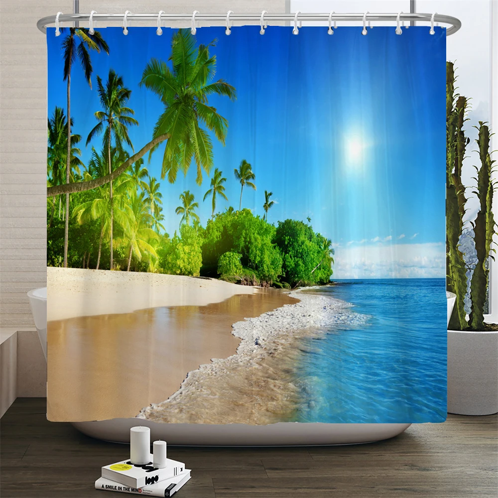 3d Beach Scenery Shower Curtains Sea Ocean Mediterranean Bathroom Curtain Waterproof Cloth Decoration 180*240cm Bath Curtain