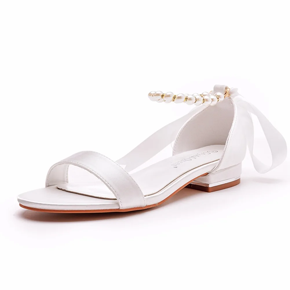 Summer Women Pumps Sandals Fashion Leather Open Toe String Bead Riband Wedding Silk 2CM Square Heels Korean Style Woman Shoe