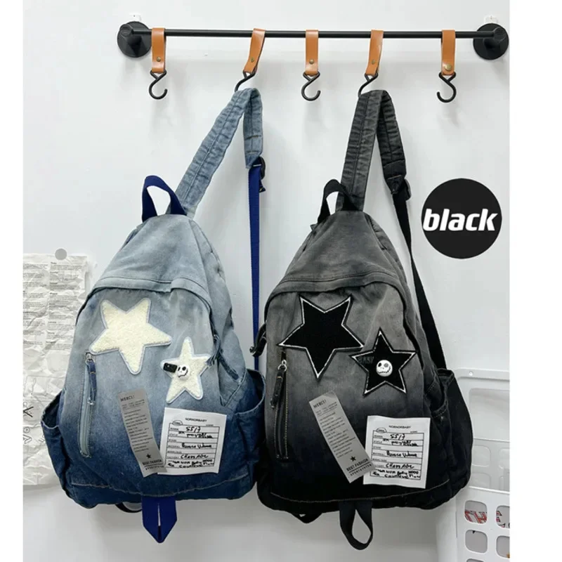 Y2k Vintage Trend Denim Shoulders Backpack Gradient Color Tie-dye Stars Bag Large Capacity Student Schoolbag Casual Travel Bag