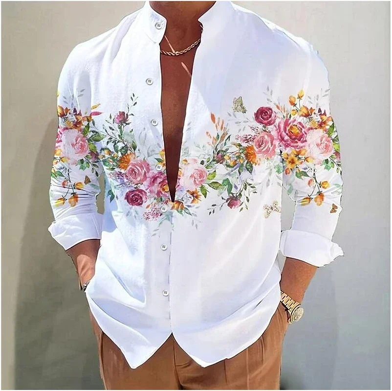 Men\'s shirt printed stand collar outdoor street long sleeve printed clothing clothing Fashion designer casual comfortable top