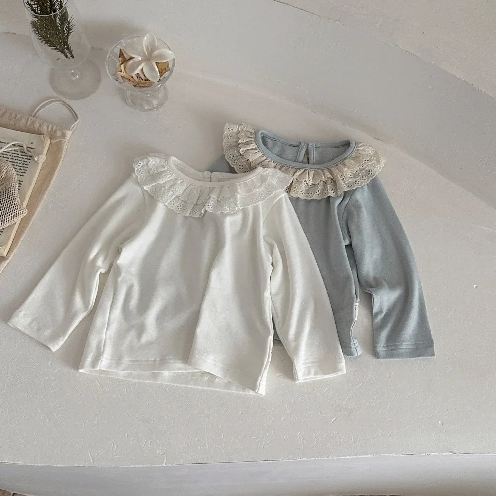 2026  Princess Style Baby Girl Long Sleeve T-shirts Casual Ruffle Collar Soft Knit Layering Tee Spring Fall Baby Daily Blouse